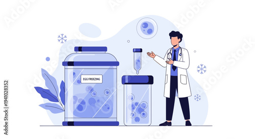 Scientist with Cryogenic Storage Tanks and Test Tubes, Medical Research and Biotechnology Concept