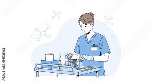 Scientist working with test tubes and medical equipment in a laboratory, illustration