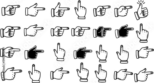 Black and White Line Art Collection of Hand Gestures and Pointer Cursors for Tech and UI Design
