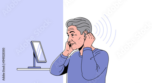 Senior man with hearing aid adjusting device in ear, looking in mirror, sound waves
