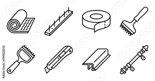 Carpet installation tools and materials flooring equipment vector line icon illustration set