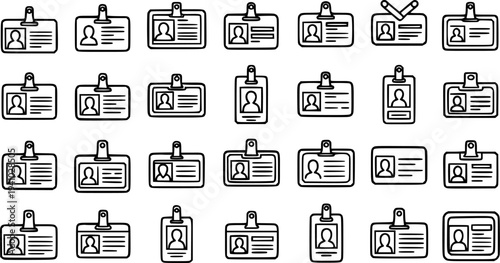 Black and White Line Art Icons of Various ID Badges and Access Cards