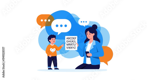 Teacher teaching alphabet to a child, education, learning, communication concept