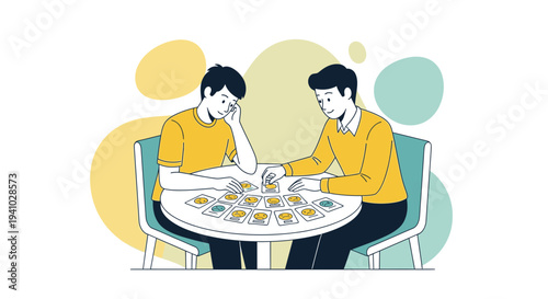 Two friends playing a card game at a table, enjoying leisure time together