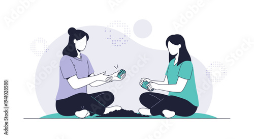 Two women sitting cross-legged, planting seeds in soil, gardening concept
