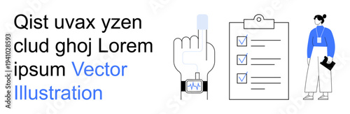 Productivity, task management, digital tools, workflow, organization, professional efficiency. Smartwatch with data, a checklist on a clipboard and a standing professional worker. Productivity