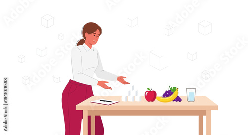 Woman choosing between sugar cubes and healthy fruit for diet and nutrition concept