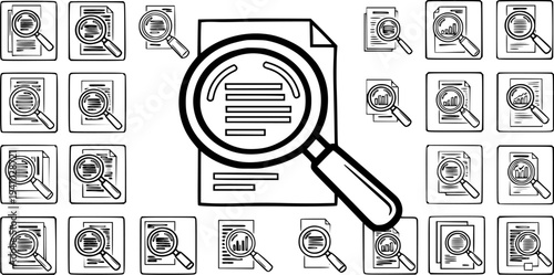 Black and White Line Art Icons of Magnifying Glass on Documents for Finance and Data Analysis