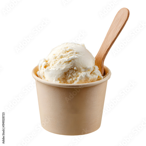 Delicious Vanilla Ice Cream in a Paper Cup with Wooden Spoon for Food and Beverage Concept