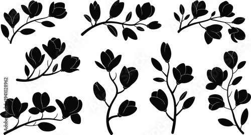 Black magnolia flower silhouette vector set, elegant floral branch icons for wedding decoration, and botanical design elements