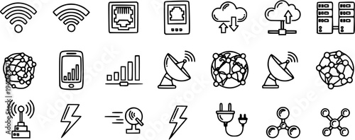 Technology and Network Icons: WiFi, Server, Cloud, Satellite, Molecule, Lightning Bolt, Cable, Smartphone, Bar Graph