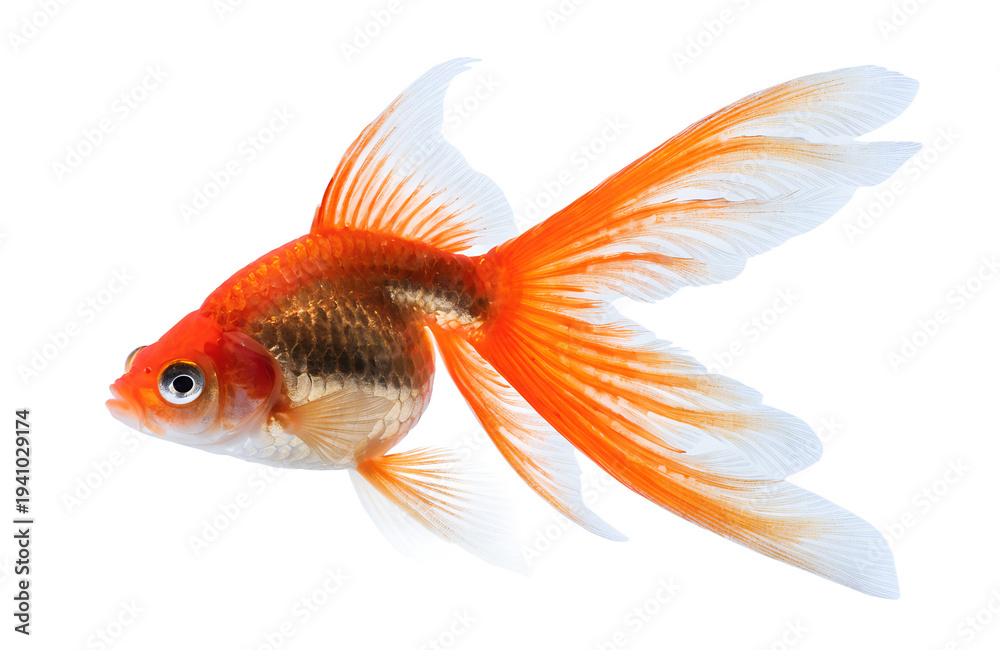 Fototapeta premium Isolated Goldfish Swimming Freely Close Up Freshwater Aquarium Pet — goldfish, freshwater fish, aquarium pet, aquatic animal, swimming