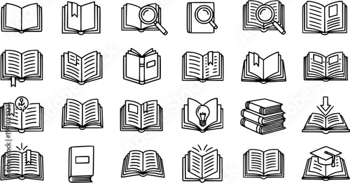 Education and Knowledge Line Art Books Icons Set. Outline Symbols for Learning, Reading, Library, and Study. Black and White Glyph Vector Collection.