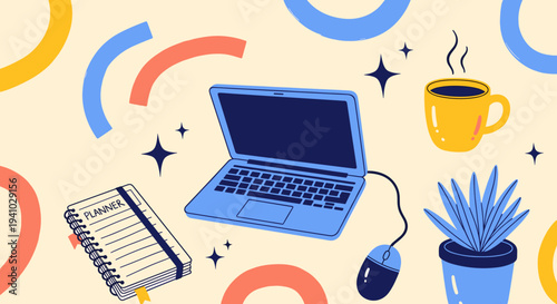 Laptop and planner with coffee and plant on abstract background for remote work concept