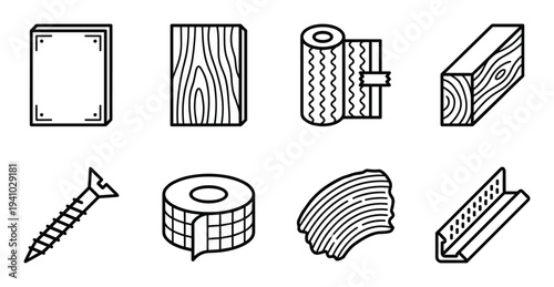 Construction elements vector linear icon building material types woodwork screw plank isolated