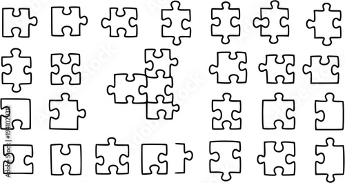 Hand-drawn Jigsaw Puzzle Pieces Line Art. Black and White Doodle Outline Elements for Concept, Problem Solving, Teamwork, and Game Design.
