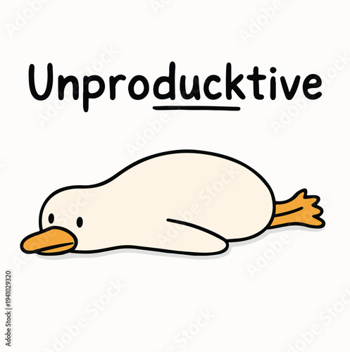Humorous cartoon duck character lies flat on its belly feeling unmotivated and unproducktive.
