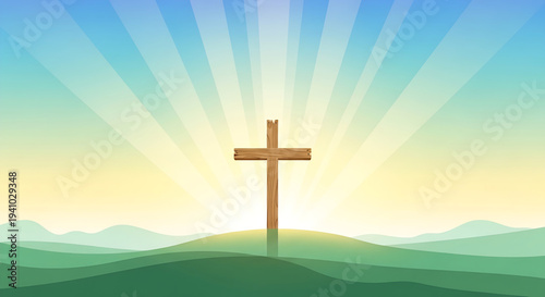 Wooden Cross on a Hilltop at Sunrise with Golden Rays of Hope and Spiritual Light, Symbolizing Faith and New Beginnings
