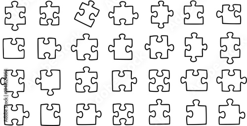 Business  Education Concept: Hand-Drawn Puzzle Pieces Black and White Line Art Set. Doodle Outline Elements for Teamwork, Strategy, and Solutions.