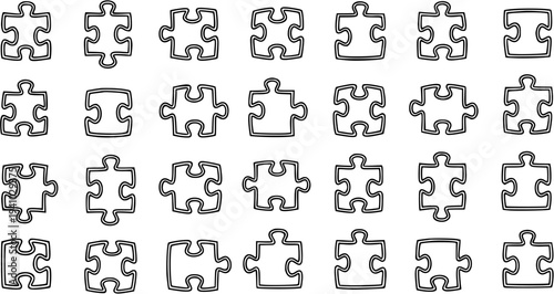 Black and White Line Art Puzzle Pieces Seamless Pattern Vector Background