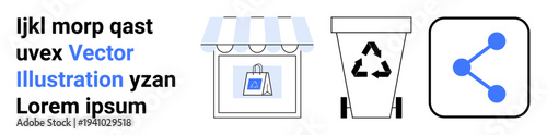 E-commerce, sustainability, social media, recycling, waste management, digital sharing. Visual of a storefront, recycling bin and a share icon. E-commerce and sustainability concept