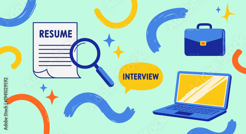 Job Search Elements with Resume and Interview Icons on Abstract Background for Career Development