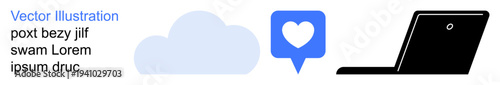 Cloud storage, social networking, online connectivity, digital communication, technology, internet services. Blue cloud, heart-shaped notification bubble black laptop. Cloud storage and social