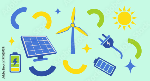 Renewable energy icons sun solar panel wind turbine battery plug on green background flat design