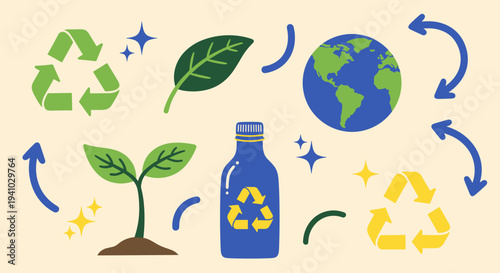 Recycling symbols and globe with plant and bottle for eco friendly concept