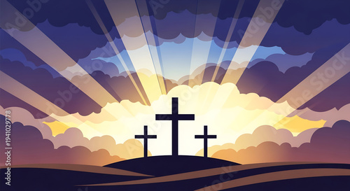 Faith and Hope Three Crosses Silhouetted Against a Radiant Sunrise Sky, Symbolizing Resurrection and New Beginnings
