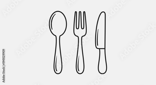 Cutlery Set Vector Illustration: Simple Line Drawing of Spoon, Fork, and Knife for Culinary Design and Restaurant Branding
