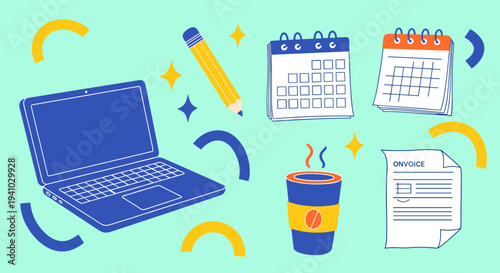 Laptop and calendar with coffee and invoice for business planning and work