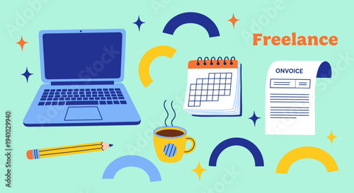 Freelance laptop coffee calendar invoice pencil and abstract shapes on a teal background