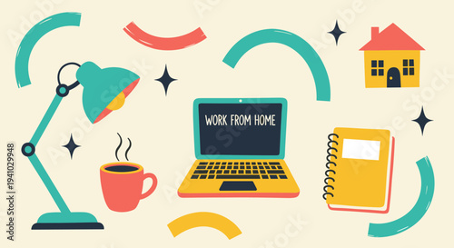 Work from home setup with laptop coffee lamp and notebook on abstract background