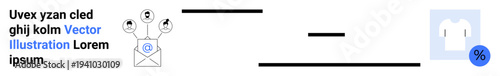 Email marketing, e-commerce, promotional campaigns, digital notifications, online shopping, retail discounts. Envelope with notification symbols and discount icon. Email marketing and e-commerce