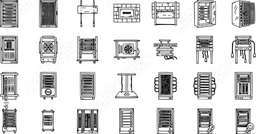 Hand Drawn Line Art Icons Set: Information Technology Data Center Server Hardware, Networking  Cooling Equipment
