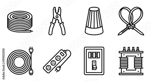Electrical tools icons set cable cutters electrical panel extension cord connector transformer