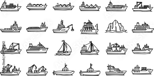 Marine Transportation Ships, Boats  Vessels Black  White Line Art Icons Set