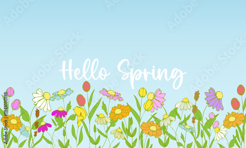 Hello spring banner. Spring season background with floral elements