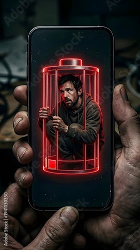 Man Trapped Inside Smartphone Screen Depicting A Glowing Red Cage Illustrating Digital Addiction and Isolation Dark Moody Lighting Detailed Close Up
