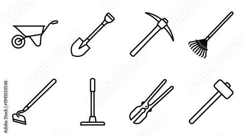 Gardening tools isolated vector outline drawing for landscaping construction and farm or field works