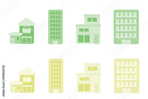 グリーンとイエローの色々な建物のシンプルなイラスト