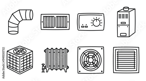 Home hvac heating ventilation and air conditioning linear icons set for construction engineering