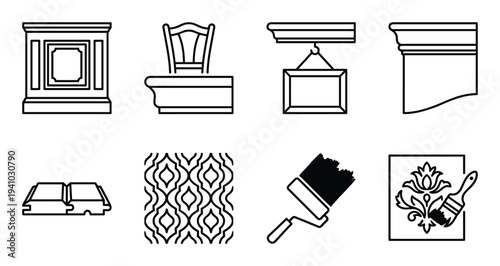 Home improvement icons depicting architecture details in classic style such as furniture piece
