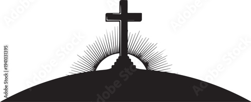 Silhouette of church with cross on hilltop at sunset