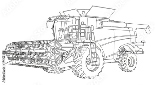 Detailed line drawing of a modern combine harvester, an essential piece of agricultural machinery used for harvesting crops.