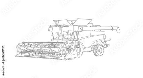 Detailed line drawing of a modern combine harvester for agricultural use.