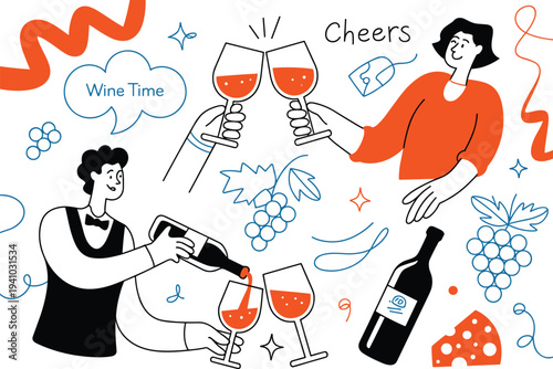 Wine tasting celebration illustration, people cheering wine glasses with sommelier pouring bottle, grapes cheese winery elements, festive drink vector