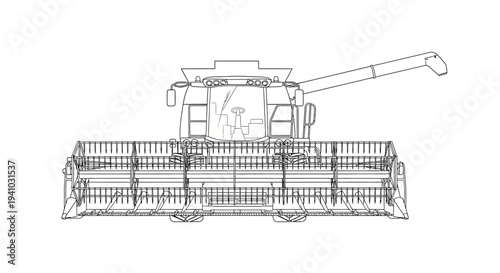 Line drawing of a modern combine harvester, front view, agricultural machinery.