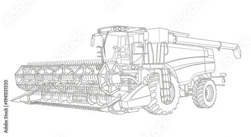 Technical line drawing of a modern combine harvester for agricultural use.